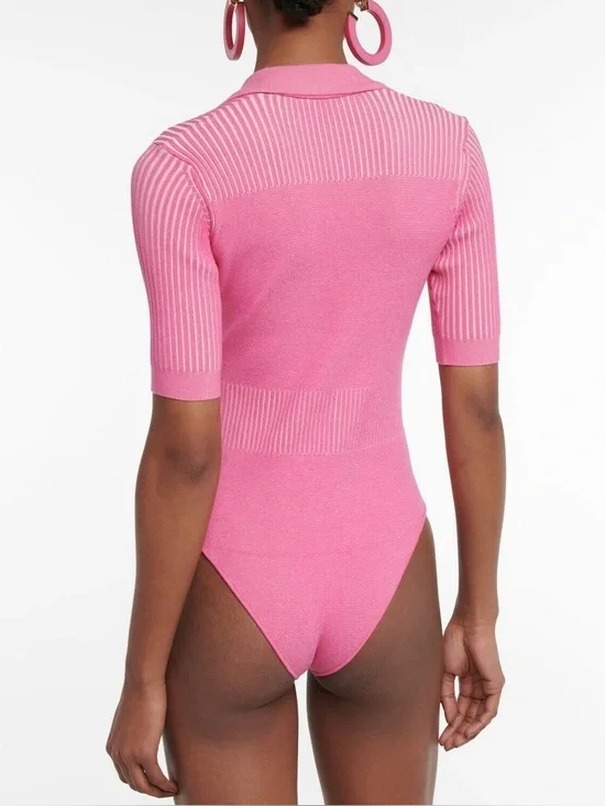 Jacquemus Le Body Yauco Polo Bodysuit Size S Pink Knit Buttons Stretch Barbie - Picture 2 of 11